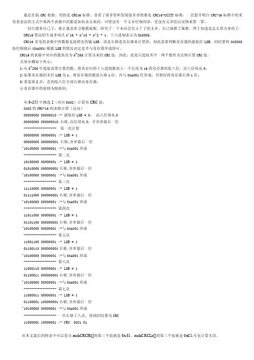 crc16查表法中表格数据计算方法及实例