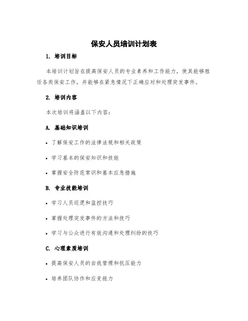 保安人员培训计划表 保安工作培训计划表