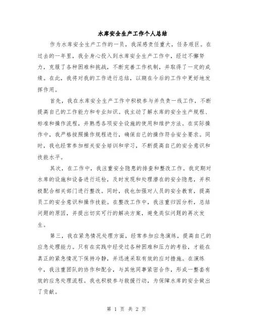 水库安全生产工作个人总结