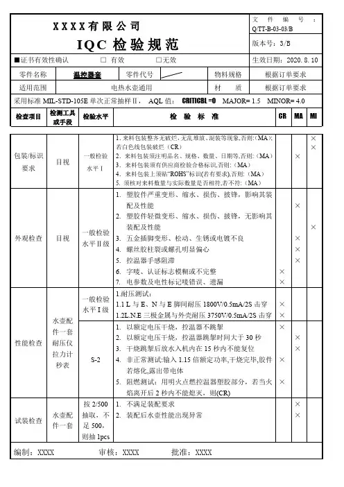 电水壶IQC检验规范(2022)