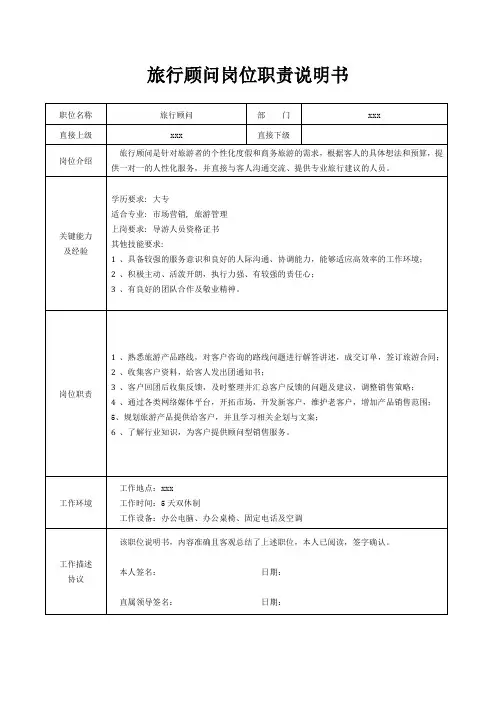 旅行顾问岗位职责说明书[精美打印版本]