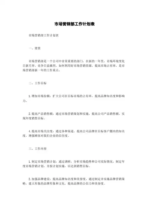 市场营销部工作计划表