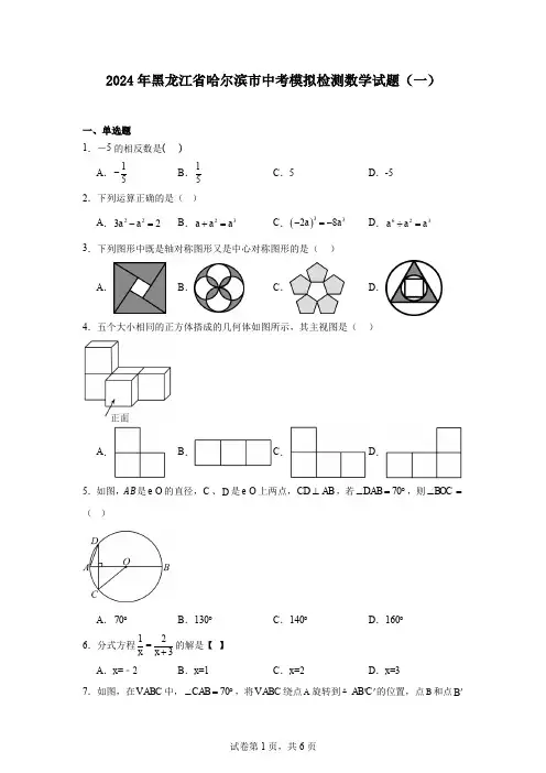 2024年黑龙江省哈尔滨市中考模拟检测数学试题(一)