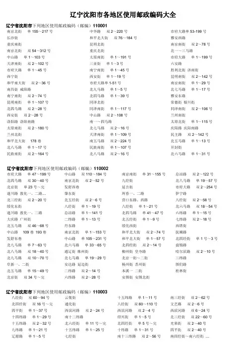 辽宁省沈阳市各地区使用邮政编码