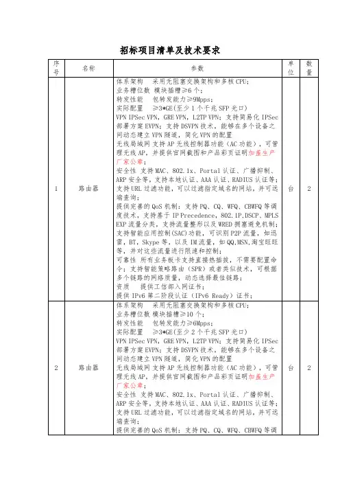 招标项目清单及技术要求