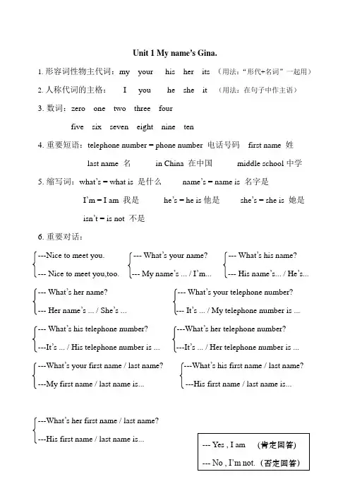 人教版七年级上册单元知识汇总(单词,短语,句型,对话,语法点,话题写作)Unit1单元汇总