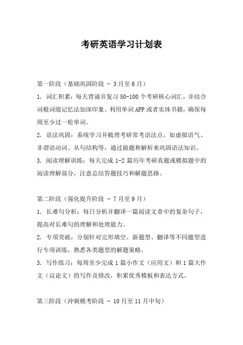 考研英语学习计划表