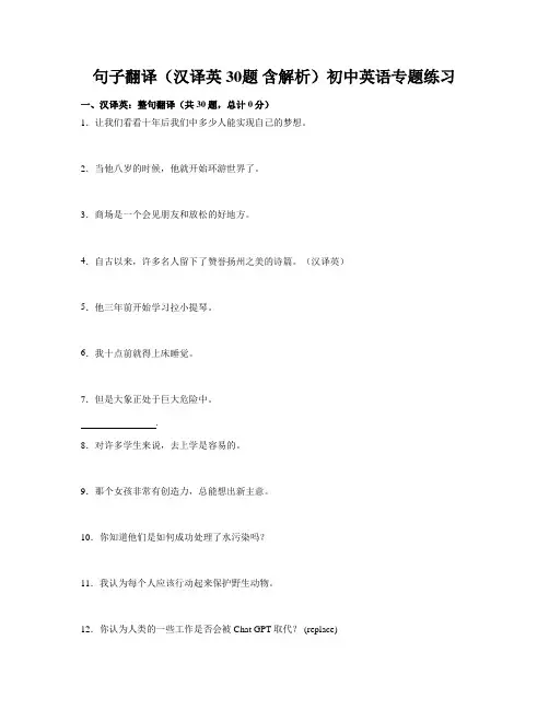 句子翻译(汉译英 30题 含解析)初中英语专题练习 (1)
