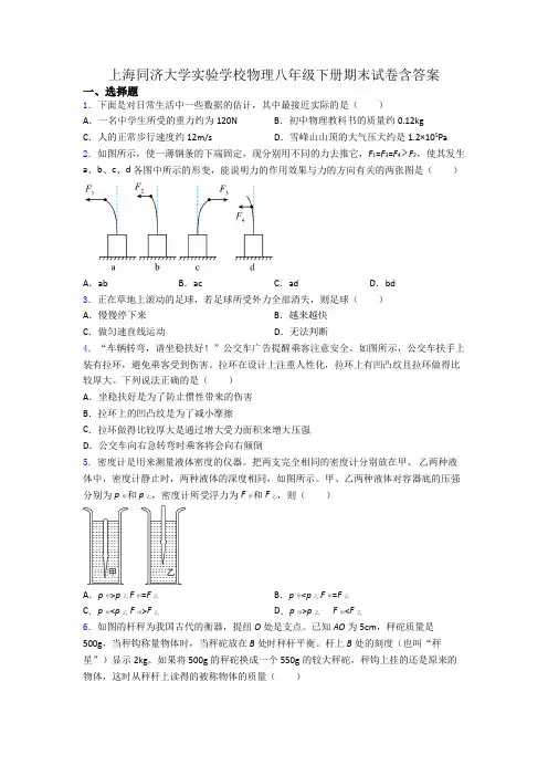 上海同济大学实验学校物理八年级下册期末试卷含答案