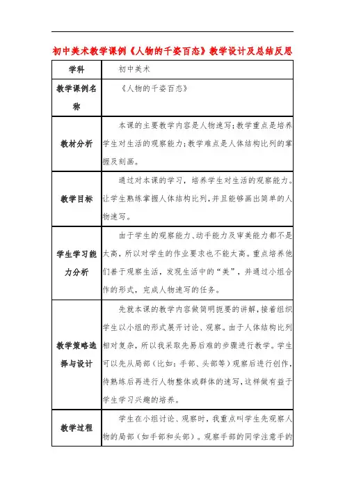 初中美术教学课例《人物的千姿百态》教学设计及总结反思