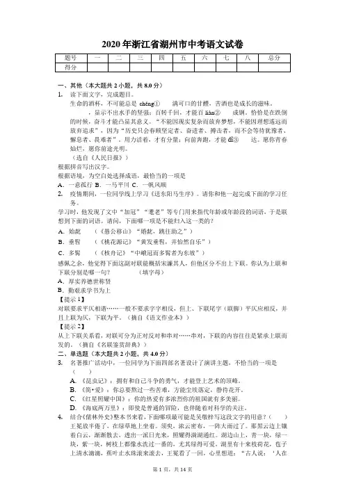 2020年浙江省湖州市中考语文试卷解析版