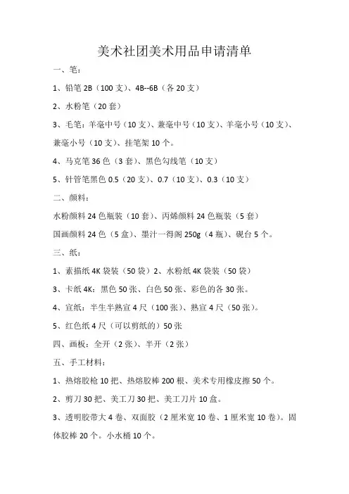 美术社团美术用品申请清单