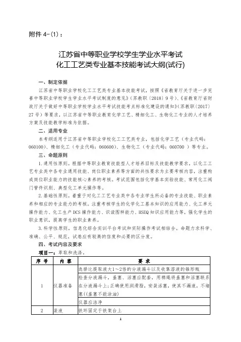 江苏省中等职业学校学生学业水平考试化工工艺类专业基本技能考试大纲(试行)