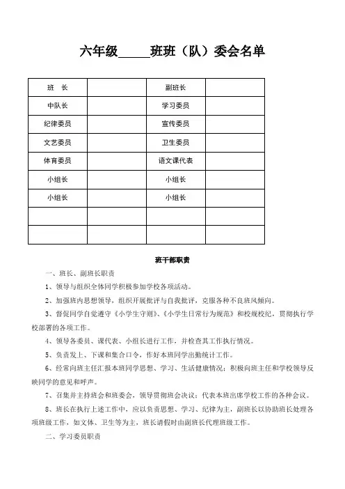 2019秋季学期教师常用表格：班委会名单(精编)-可打印