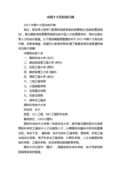 中国十大军校排行榜