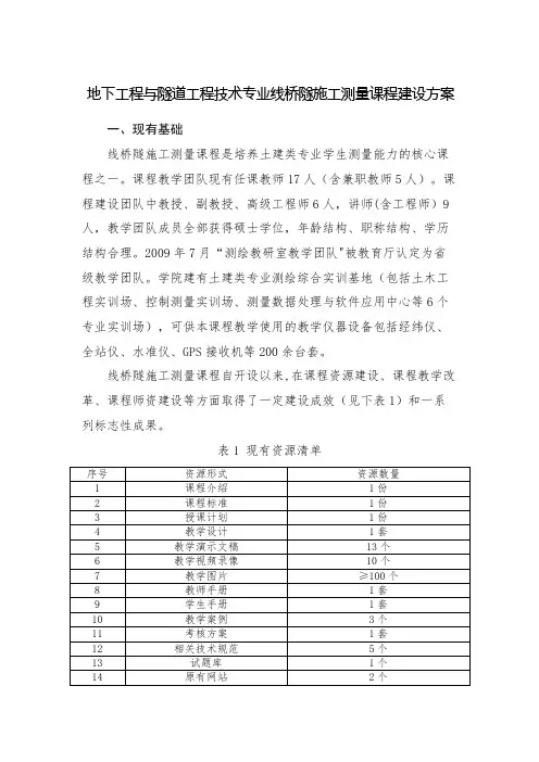 地下工程与隧道工程技术-线桥隧施工测量-课程建设方案