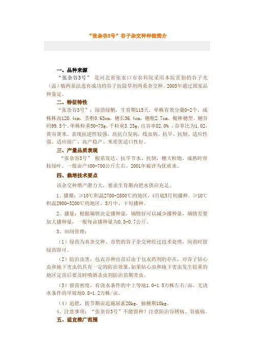 张杂谷3号”谷子杂交种种植简介