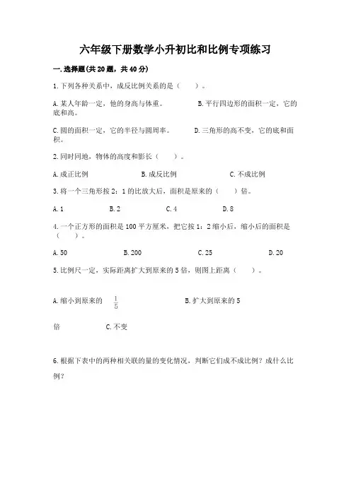 六年级下册数学小升初比和比例专项练习(含答案)