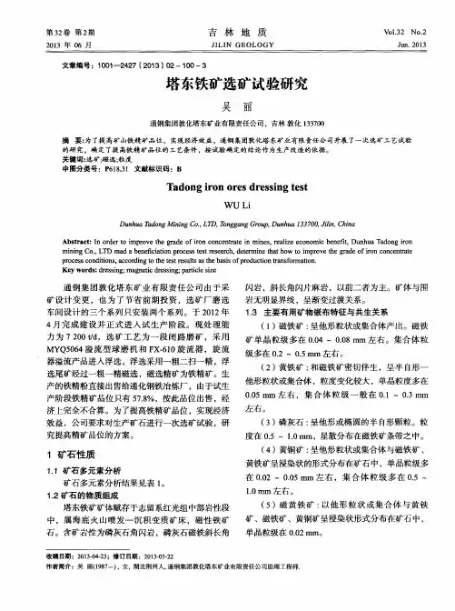 塔东铁矿选矿试验研究