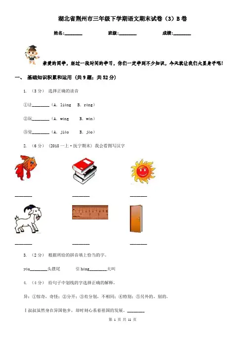 湖北省荆州市三年级下学期语文期末试卷(3)B卷