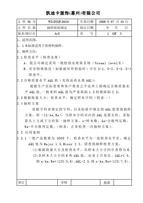 AQL抽样检验规定