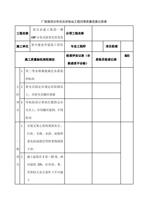 厂房屋顶分布式光伏电站工程日常质量巡查记录表
