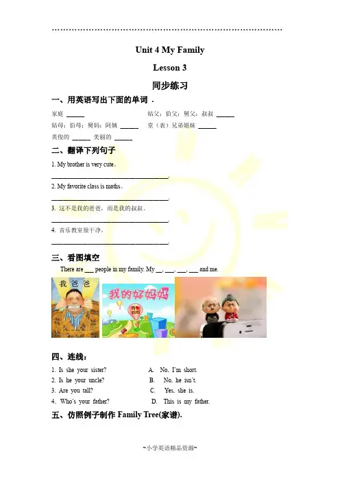 人教版新起点英语三年级下册Unit 4 My Family Lesson 3 同步练习 2