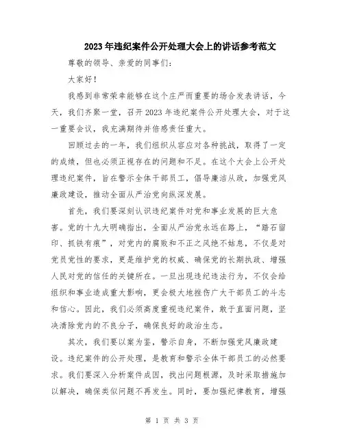 2023年违纪案件公开处理大会上的讲话参考范文