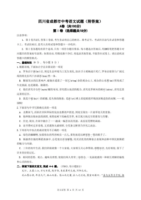 四川省成都市中考语文试题(附答案)