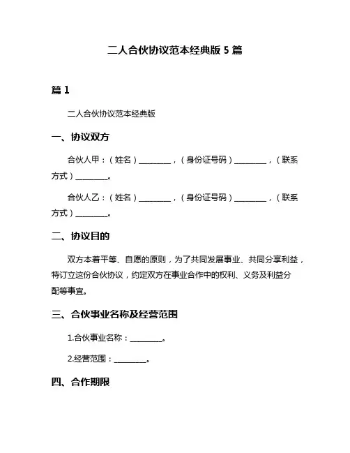 二人合伙协议范本经典版5篇