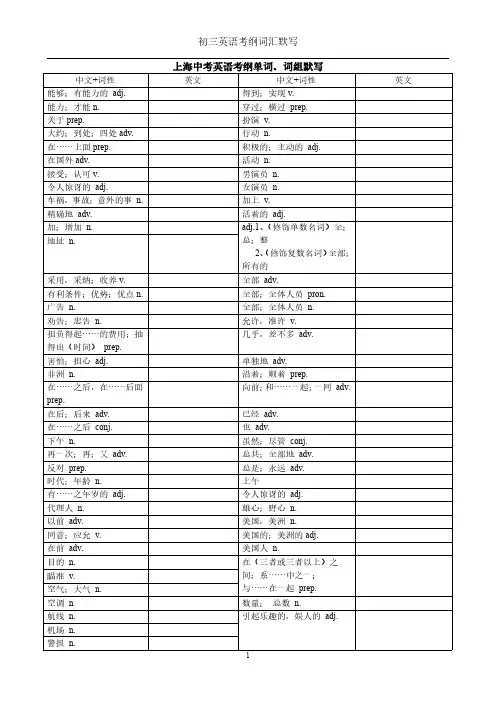 上海中考英语考纲单词、词组默写