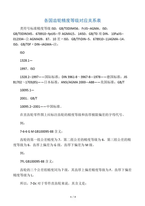 各国齿轮精度等级对应关系表