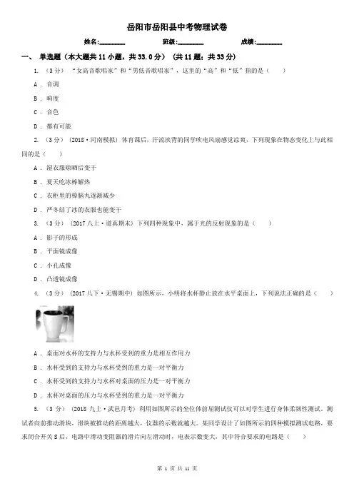 岳阳市岳阳县中考物理试卷