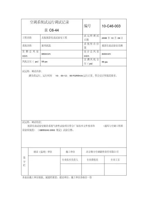 空调系统试运行调试记录