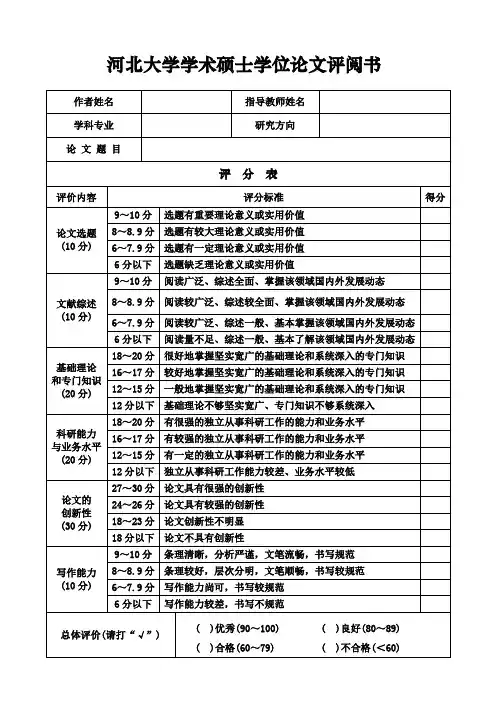 河北大学学术硕士学位论文评阅书