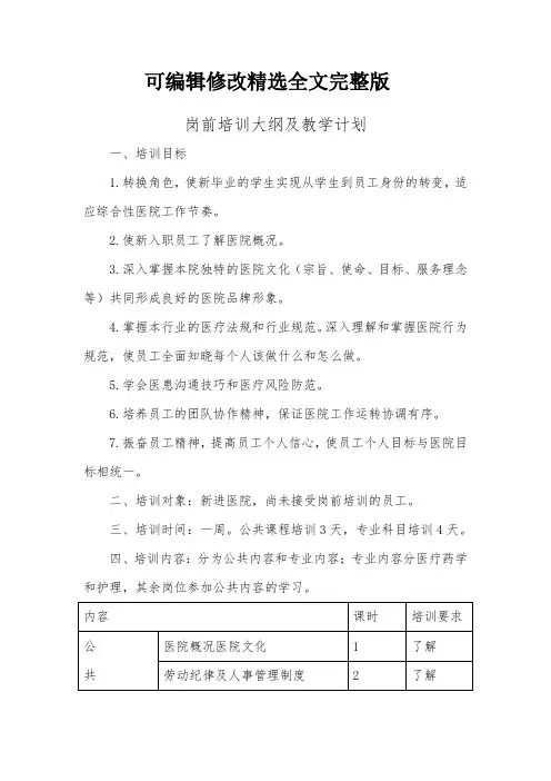 (2024版)医院岗前培训大纲及教学计划