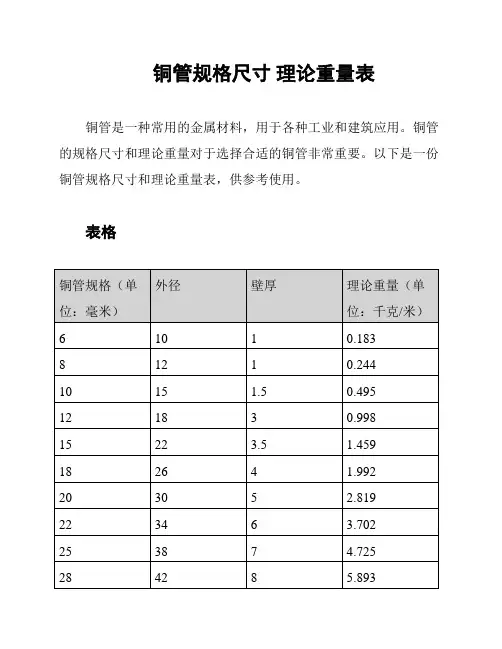 铜管规格尺寸 理论重量表