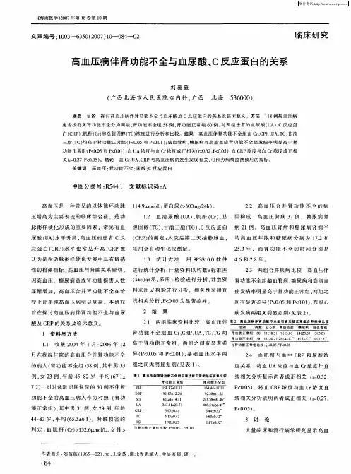 高血压病伴肾功能不全与血尿酸、C反应蛋白的关系