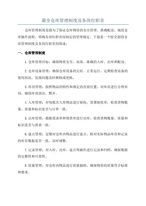 最全仓库管理制度及各岗位职责