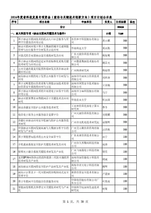 2016年科技发展专项资金前沿与关键技术创新方向项目计划