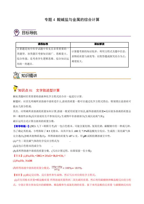2022年初中科学同步讲义(浙教版) 九年级上册 第2章 专题4 酸碱盐与金属的综合计算(教师版)