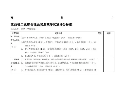 二级医院血液透析室质量评分标准