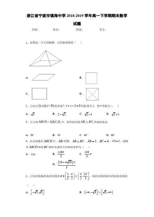 浙江省宁波市镇海中学2018-2019学年高一下学期期末数学试题