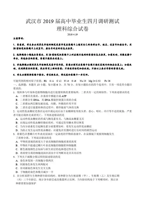 湖北省武汉市2019届高中毕业生四月调研测试理科综合试题 word