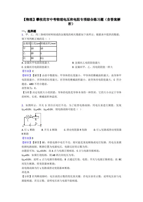 【物理】攀枝花市中考物理电压和电阻专项综合练习题(含答案解析)