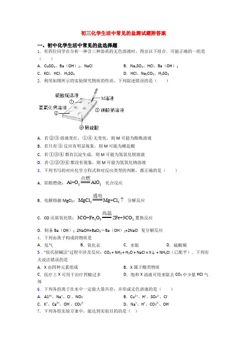 初三化学生活中常见的盐测试题附答案