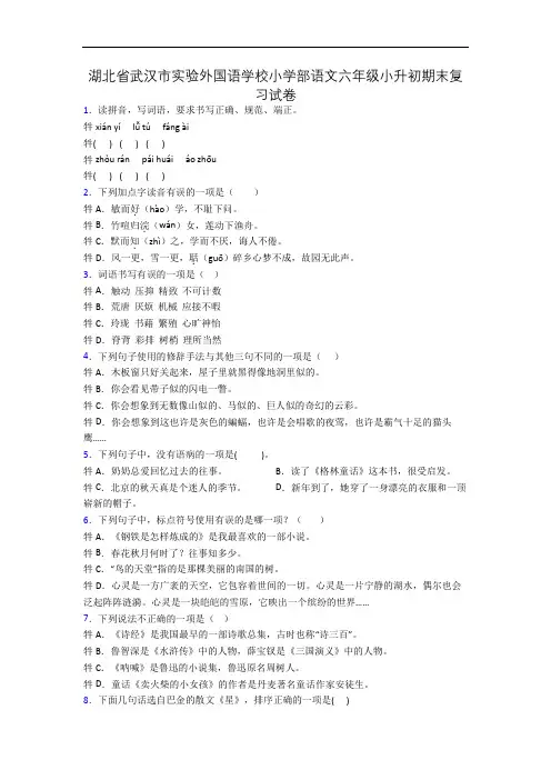 湖北省武汉市实验外国语学校小学部语文六年级小升初期末复习试卷