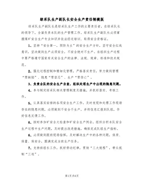 综采队生产副队长安全生产责任制模版(3篇)