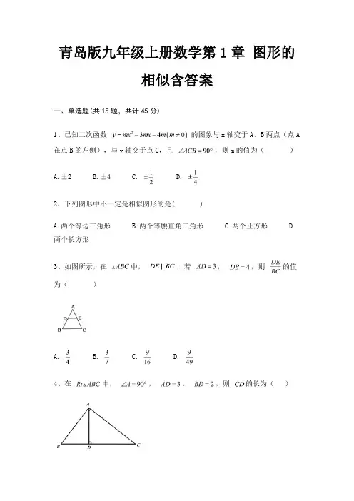 青岛版九年级上册数学第1章 图形的相似含答案