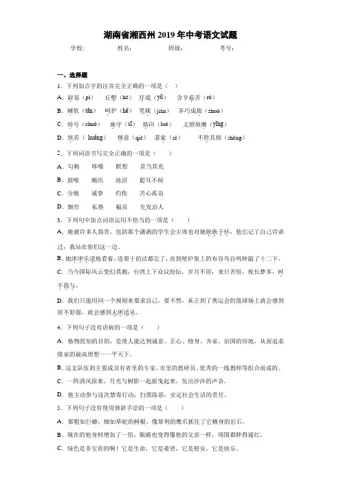 湖南省湘西州2019年中考语文试题